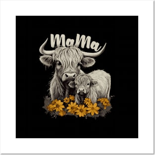 Mama Highland Cow With Baby Calf Flower Animal Posters and Art